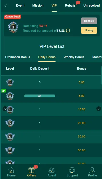 PK365 daily bonus screen