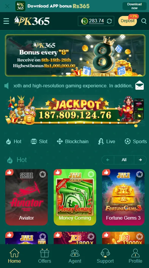 PK365 lobby with Deposit and Hot games