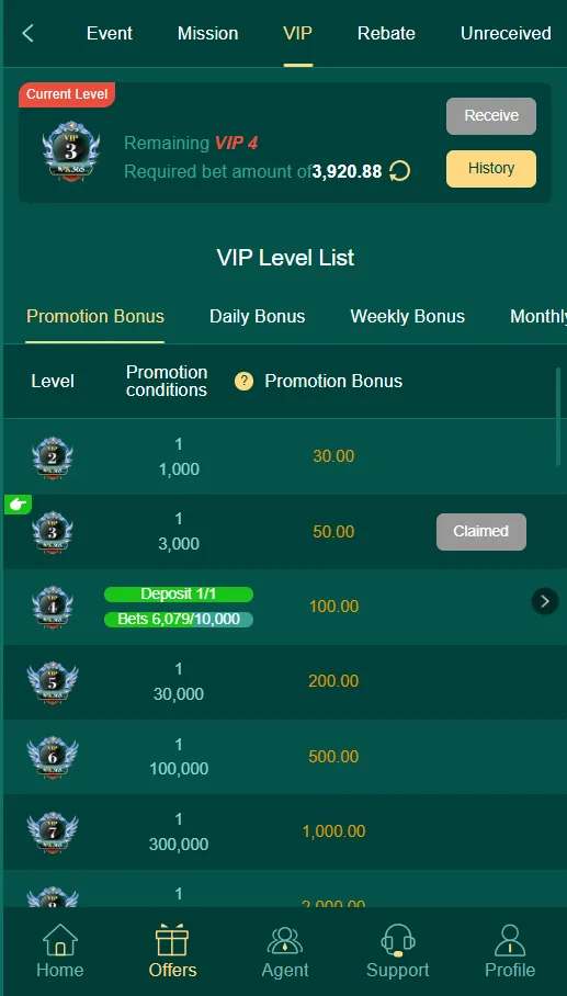 PK365 VIP rewards screen