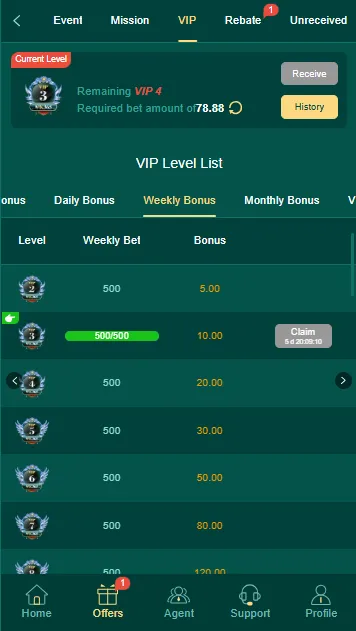 PK365 weekly bonus screen