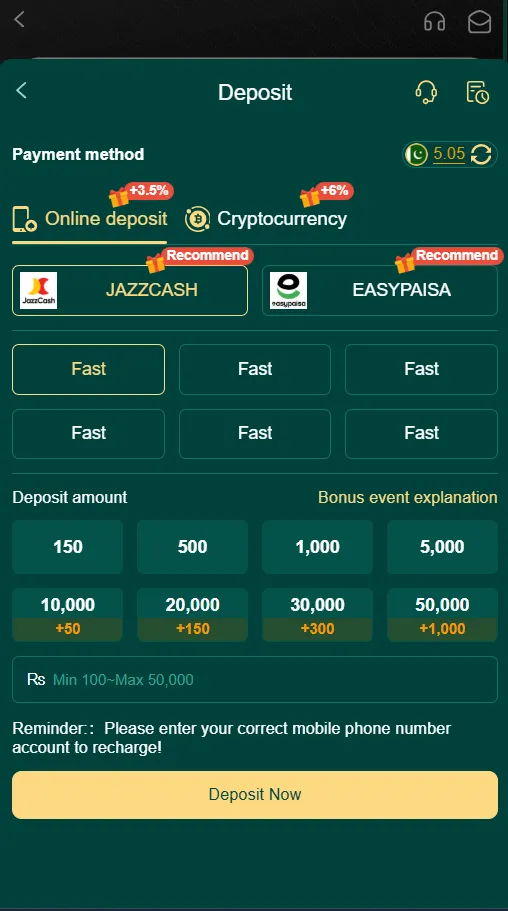 PK365 deposit screen with JazzCash and EasyPaisa