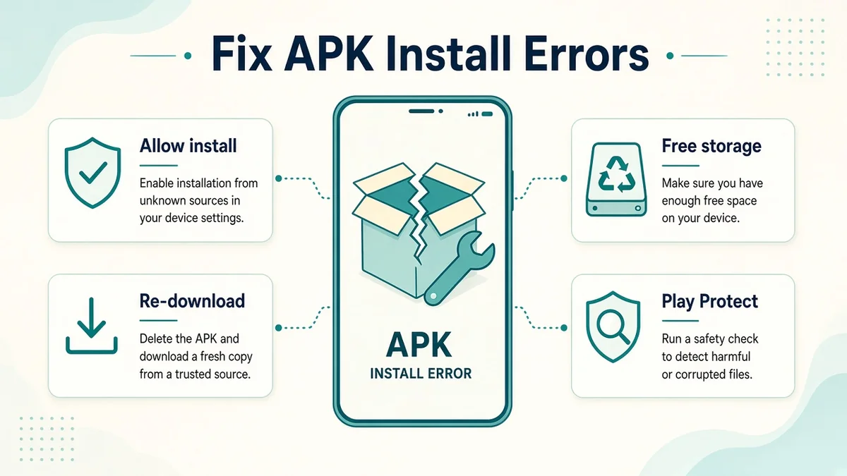 Illustration of Android APK install fixes: allow install, free storage, re-download, and Play Protect